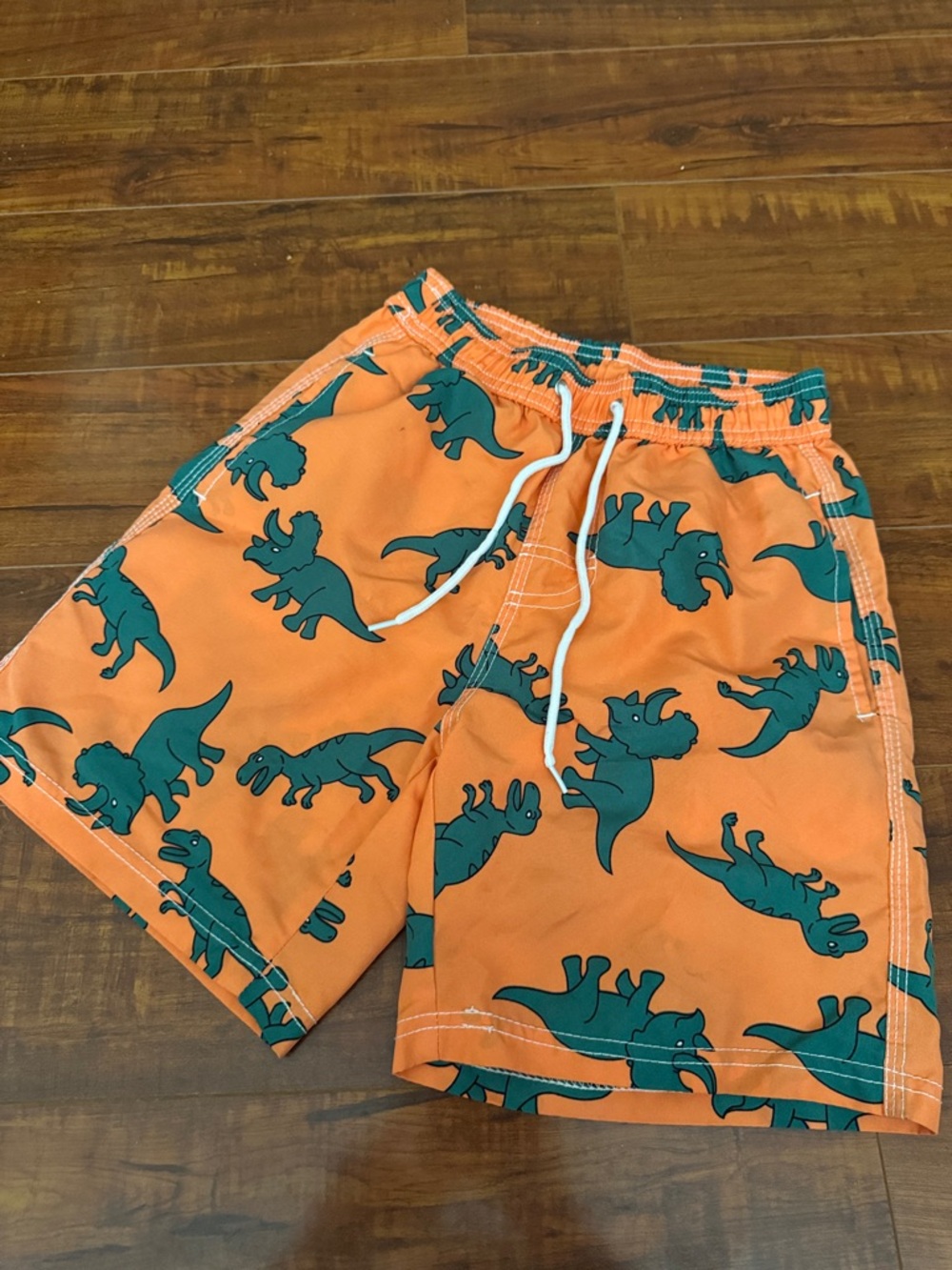 Orange Dinosaur Print Kids Swim Trunks with Teal Motif